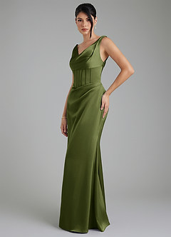 Azazie Spencer Robes de demoiselle d'honneur Robe Sirène en Satin extensible Plissée Olive image3