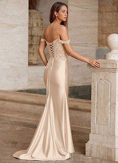 Linange Champagne Off-Shoulder Lace Corset Satin Slit Gown image4