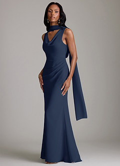 Azazie Linelle Robes de demoiselle d'honneur Robe Sirène en Mousseline de soie Plissée Bleu Marine Foncé image4