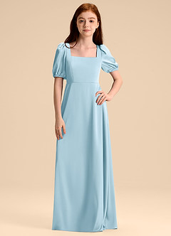 Azazie Briar Junior Vestido de Azul Cielo de Satén Elástico de Corte en A con Lazo image6