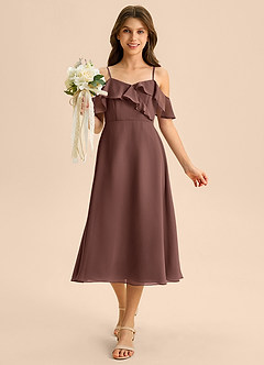 Azazie Kamilla Junior Abito A-Line in Chiffon a Spalla Scoperta Espresso image4