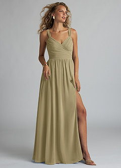 Azazie Aziza Bridesmaid Dresses Moss Green A-Line V-Neck Pleated Chiffon Dress image1