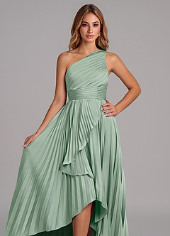 Azazie Lyrica Bridesmaid Dresses Agave A-Line One Shoulder Stretch Satin Dress image4