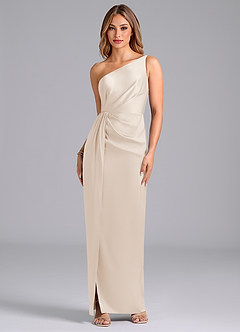 Azazie Naria Bridesmaid Dresses White Alabaster Sheath One Shoulder Stretch Satin Dress image1