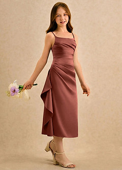 Azazie Canna Girls Formal Robe Demoiselle D'honneur Fillette Robe Trapèze en Satin extensible Plissée Auburn image3