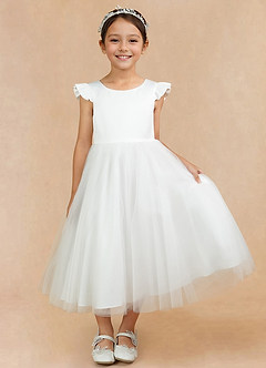 Azazie Hemi Flower Girl Dresses Ivory Taupe A-Line Bow Tulle Dress image6