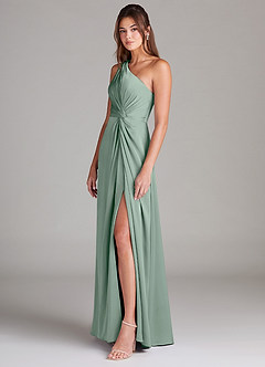 Azazie Brooke Bridesmaid Dresses Agave A-Line One Shoulder Stretch Satin Dress image6
