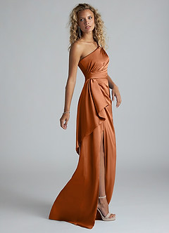 Azazie Maive Bridesmaid Dresses Copper Sheath Ruched Stretch Satin Dress image4