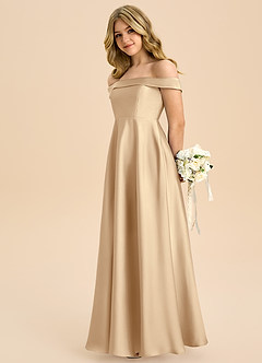 Azazie Sissy Junior Champagne A-Line Off the Shoulder Stretch Satin Dress image6