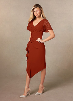 Azazie Eloise Mother of the Bride Dresses Rust Sheath Pleated Stretch Crepe Dress image3