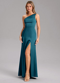 Azazie Feby Bridesmaid Dresses Ink Blue A-Line One Shoulder Stretch Satin Dress image6
