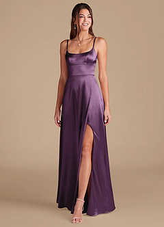 Azazie Halsey Bridesmaid Dresses Plum A-Line Side Slit Metallic Satin Dress image3