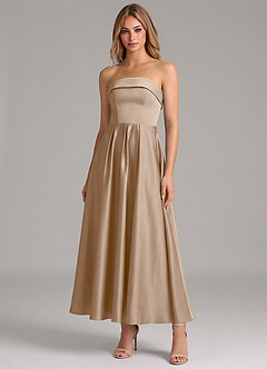 Azazie Lucienne Bridesmaid Dresses Taupe A-Line Pleated Stretch Satin Dress image1