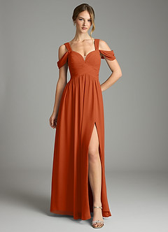 Azazie Lianne Bridesmaid Dresses Burnt Orange A-Line Off the Shoulder Chiffon Dress image2