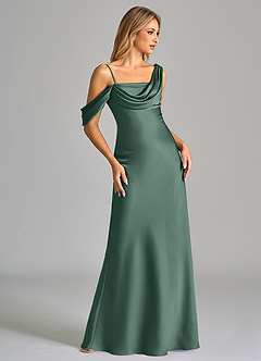 Azazie Celina Bridesmaid Dresses Eucalyptus Sheath Off the Shoulder Stretch Satin Dress image5