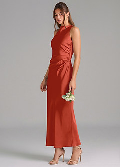 Azazie Evadne Bridesmaid Dresses Rust Sheath Pleated Stretch Satin Dress image1