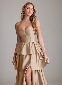 Azazie Faye Bridesmaid Dresses Taupe A-Line Ruched Stretch Satin Dress image5