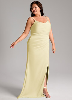 Azazie Deandra Bridesmaid Dresses Lemon Sorbet Mermaid Pleated Stretch Satin Dress image11