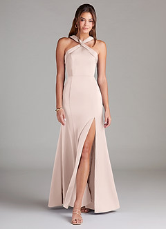 Azazie Rue Bridesmaid Dresses Blushing Pink A-Line Pleated Stretch Satin Dress image3