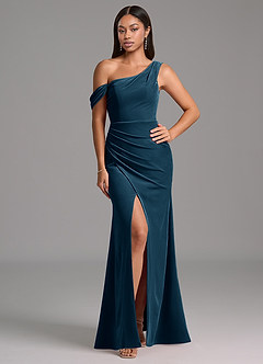 Azazie Madelyn Abiti da Damigella Abito Tubino in Velluto Monospalla Topazio Blu image1