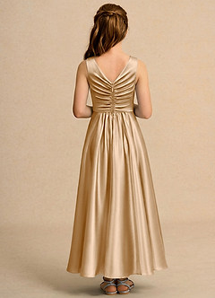 Azazie Ducky Girls Formal Flower Girl Dresses Gold A-Line Pleated Stretch Satin Dress image2