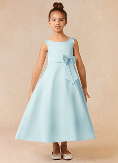 Azazie Lindy Flower Girl Dresses Sea Glass A-Line Pleated Matte Satin Dress image2