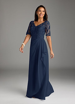 Azazie Amedeus Mother of the Bride Dresses Dark Navy A-Line V-Neck Lace Chiffon Dress image1