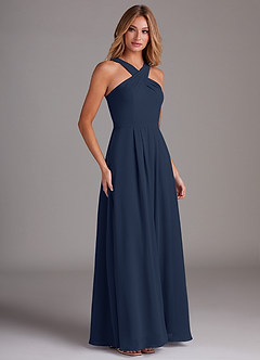 Azazie Dixie Bridesmaid Dresses Dark Navy A-Line Halter Pleated Chiffon Dress image4