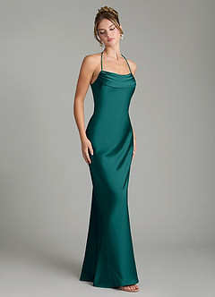 Azazie Mae Vestidos de damas de honor Vestido Pavo Real de Satén Elástico de Corte Sirena con Plisado image5