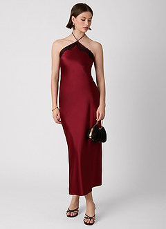 Cayley Burgundy 100% Washable Silk Halter Lace Maxi Dress image2