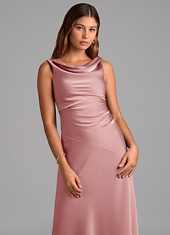 Azazie Nerine Vestidos de damas de honor Vestido de Rosa Polvorienta de Satén Elástico de Corte en A con Plisado image6