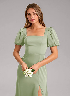 Azazie Fyona Vestidos de damas de honor Vestido de Salvia Polvorienta de Satén Elástico de Corte en A con Plisado image6