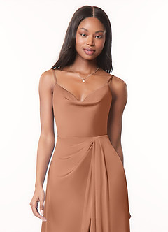Azazie Brielle Bridesmaid Dresses Bronzer A-Line Cowl Spaghetti Straps Stretch Satin Dress image4