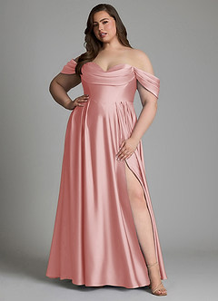Azazie Loisa At-home Try On Dresses Dusty Blue A-Line Off the Shoulder Stretch Satin Dress image12