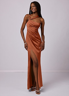 Barbie ♥ Azazie Robes de demoiselle d'honneur Robe Sirène en Satin extensible Ue épaule Rose De Cèdre image3