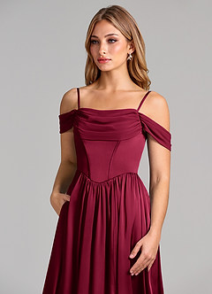 Azazie Raisa Bridesmaid Dresses Burgundy A-Line Off the Shoulder Stretch Satin Dress image7