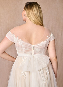 Azazie Cindy Wedding Dresses A-Line Illusion Off-The-Shouler Lace Tulle Chapel Train Dress image15