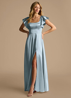 Azazie Bondi Bridesmaid Dresses Dusty Blue A-Line Bow Metallic Satin Dress image4