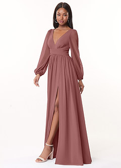 Azazie Norah Robes de demoiselle d'honneur Robe Trapèze en Mousseline de soie Col en V, manches longues Rose Du Désert image4