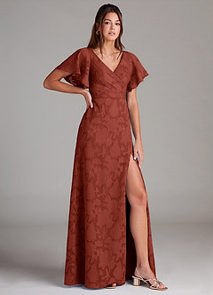 Azazie Ambrosia Bridesmaid Dresses Terracotta A-Line Pleated Floral Burnout Dress image3