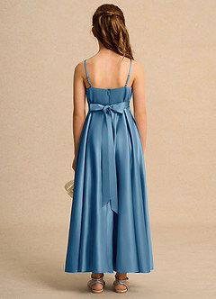 Azazie Pebbles Junior Formal Jurken voor bloemenmeisjes A-Lijn Jurk van Mat Satijn Geplooid Staal Blauw image3