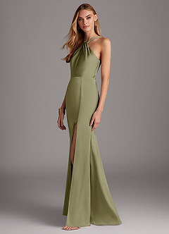 Azazie Elana Bridesmaid Dresses Pistachio Sheath Side Slit Stretch Satin Dress image3