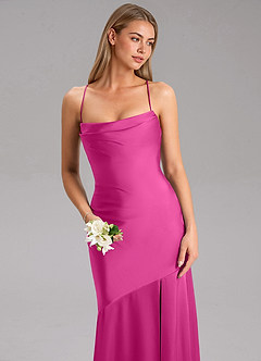 Azazie Grata Vestidos de damas de honor Vestido de Fucsia de Satén Elástico de Corte Recto con Corte Lateral image6