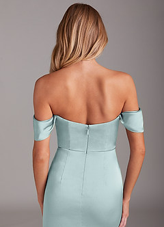 Azazie Saige Bridesmaid Dresses Mist Sheath Off the Shoulder Stretch Satin Dress image9