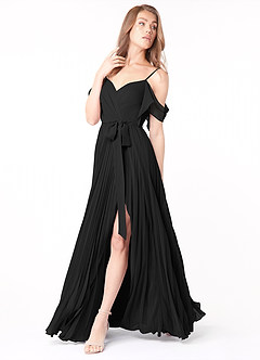 Azazie Lyney Brautjungfernkleider A-Linie Schulterfrei Chiffon Kleid Schwarz image3