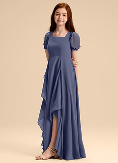 Azazie Priya Junior Robe Trapèze en Mousseline de soie Blouson Bleu Orageux image4