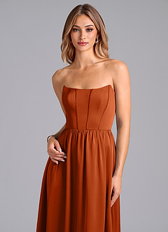 Azazie Leilana Vestidos de damas de honor Vestido de Naranja Quemada de Satén Elástico de Corte en A con Corsé image6