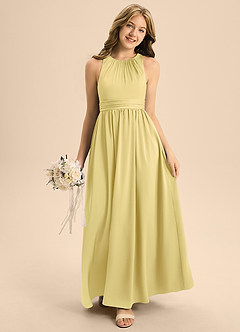 Azazie Jaylah Junior Robe Trapèze en Satin extensible Plissée Sorbet Citron image3