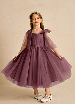Azazie Dori Robe Demoiselle D'honneur Fillette Robe Trapèze en Tulle Rayé Sangria image6