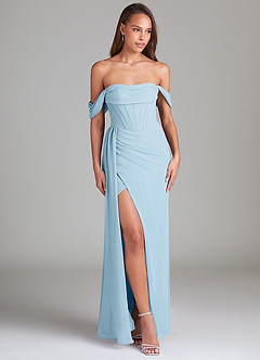 Azazie Amyra Bridesmaid Dresses Sky Blue Sheath Off the Shoulder Chiffon Convertible Dress image3